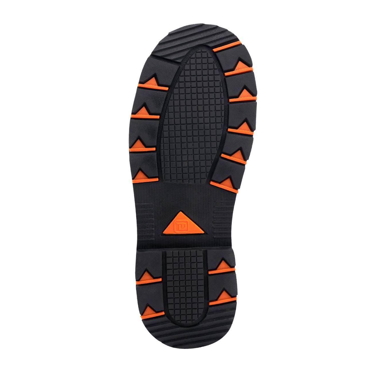 alt="Close-up of Trudave ForgeStep Series men’s waterproof steel toe work boots outsole showing deep tread non-slip pattern in black and yellow design for traction and safety at work"